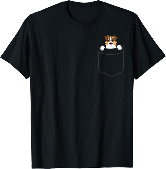 Aussie In The Pocket Cute Australian Shepherd Dog T-Shirt - T-Shirt | Black