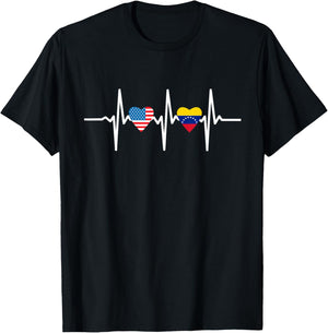 Half American And Venezuelan Usa Venezuela Flag Heartbeat T-Shirt - T-Shirt | Black