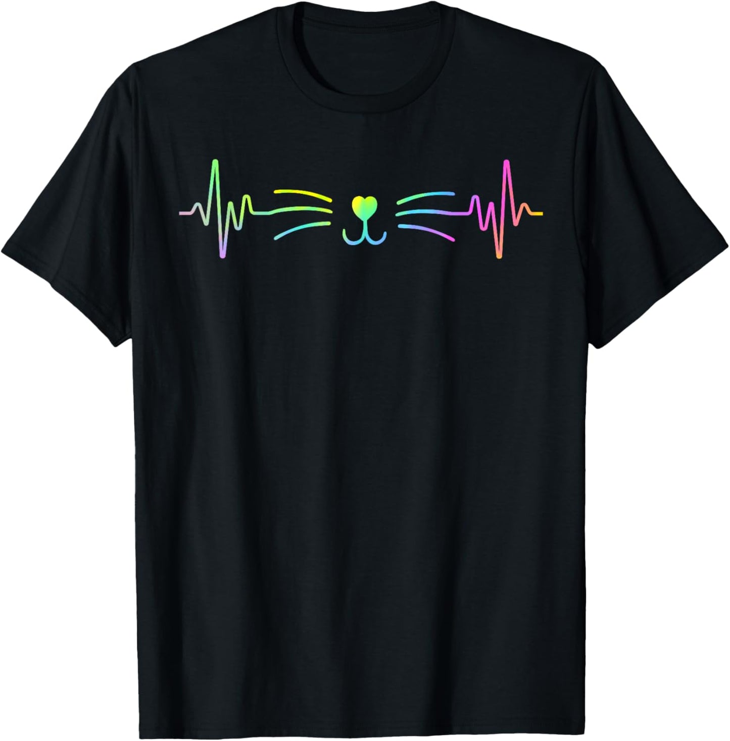 Colorful Heartbeat Cat Lover Animal Silhouette Cute Cat T-Shirt - T-Shirt | Black