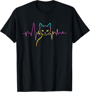 Heartbeat Cat Lover Cute Cat Owner Animal Silhouette Art ECG T-Shirt - T-Shirt | Black