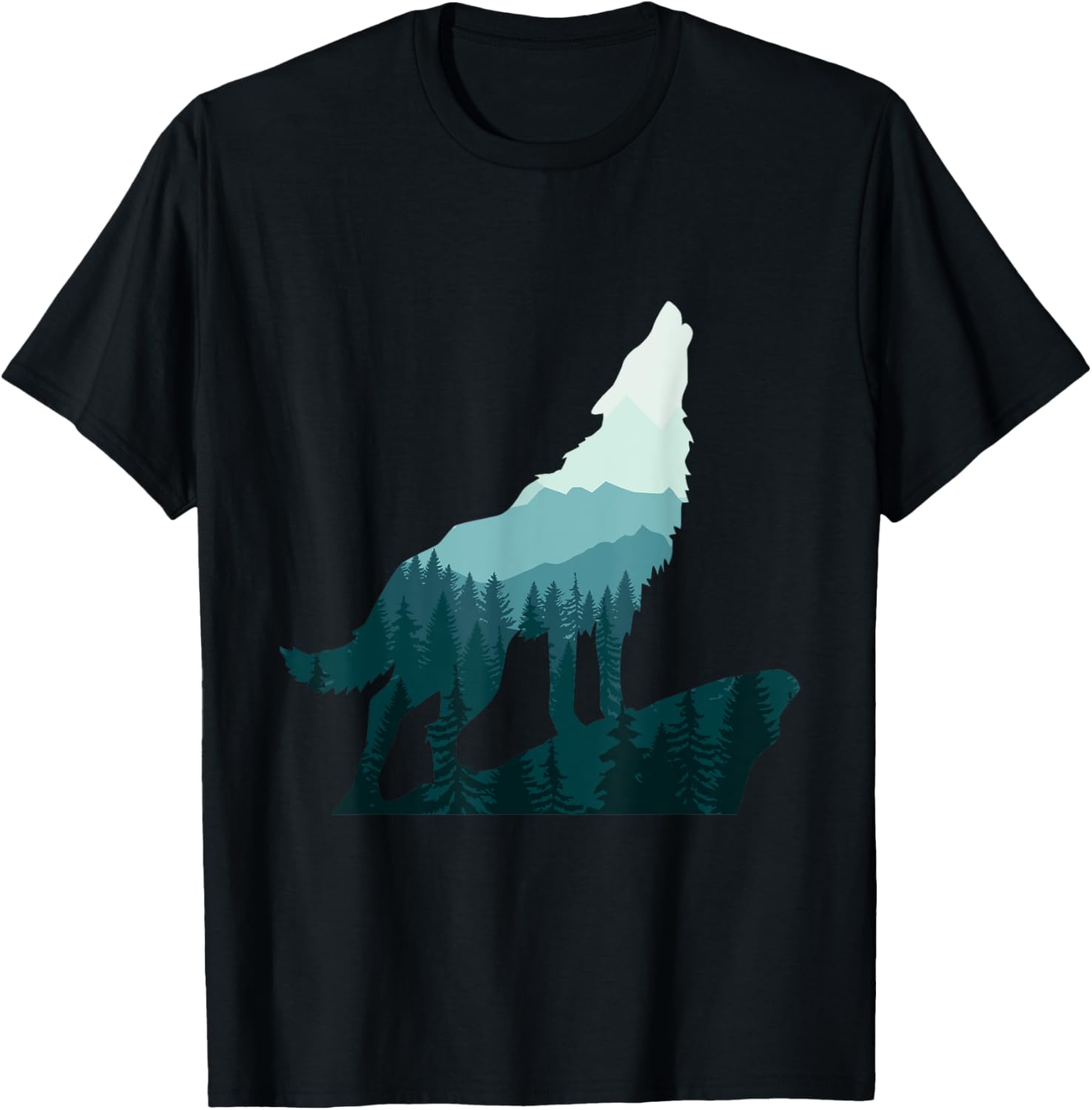 Landscape Outdoor Nature Forest Mountains Camping Wolf Howls T-Shirt - T-Shirt | Black