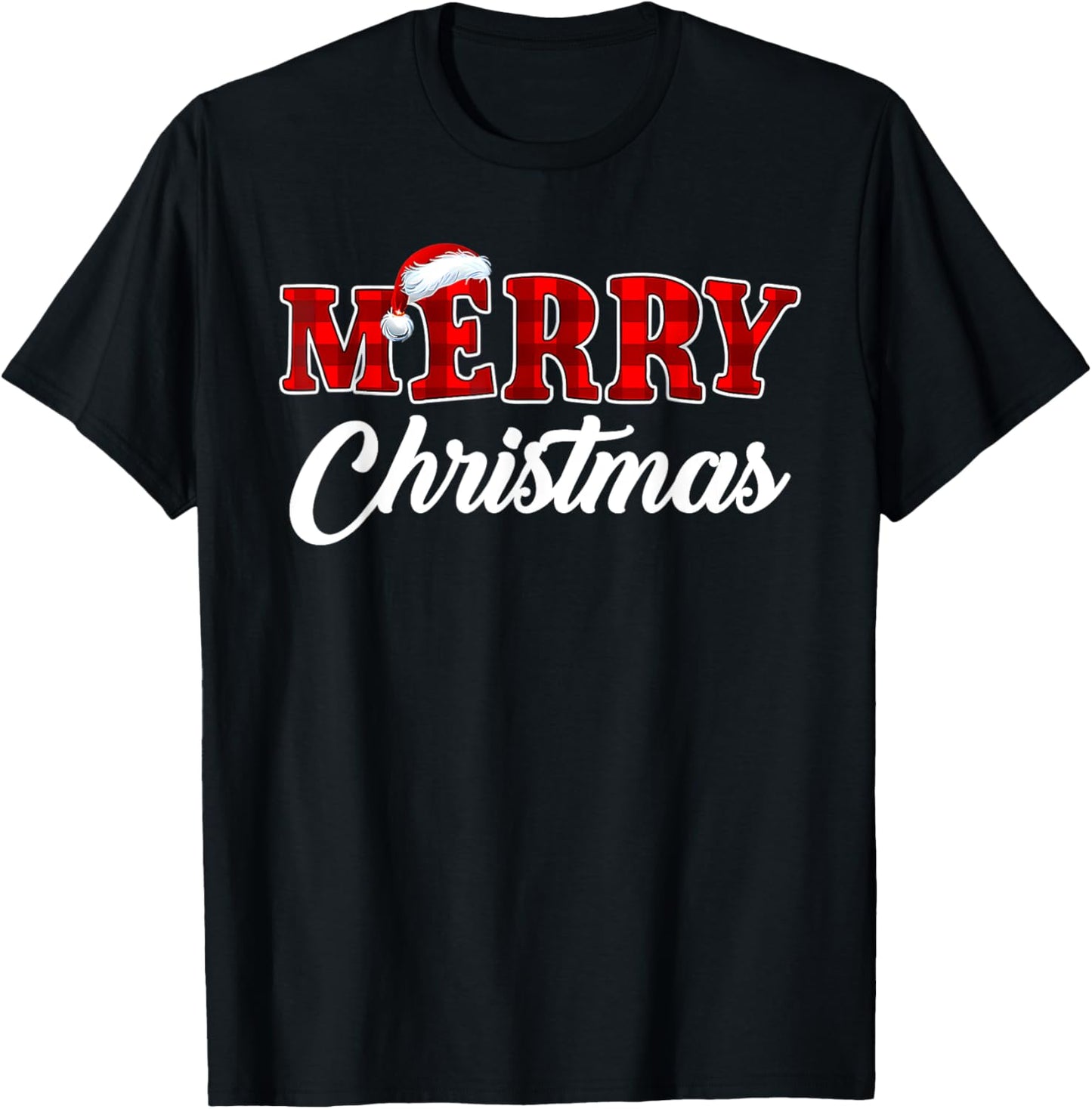 Merry Christmas Buffalo Plaid Red Xmas Santa Hat Pajamas T-Shirt - T-Shirt | Black