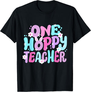 One Hoppy Teacher Retro Groovy Happy Easter Bunny Women T-Shirt - T-Shirt | Black