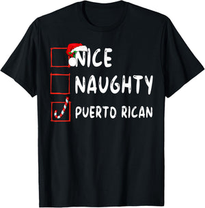 Nice Naughty Funny Christmas Family Matching All Ages Classic Modern Round Collar Short Sleeve Black Small Puerto Rican Christmas Puerto Rico T-Shirt - T-Shirt | Black