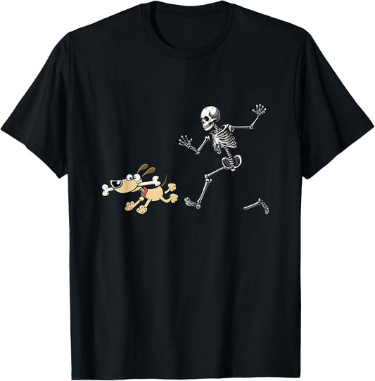 Halloween Dog, Funny Skeleton, Skeleton Chasing Dog Women T-Shirt - T-Shirt | Black