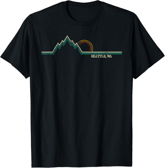 Retro Mountains Seattle, Washington Summer Hiking T-Shirt - T-Shirt | Black