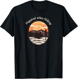 Happiest when Hiking, Lakes and Hills, Sunset, Sunrise T-Shirt - T-Shirt | Black