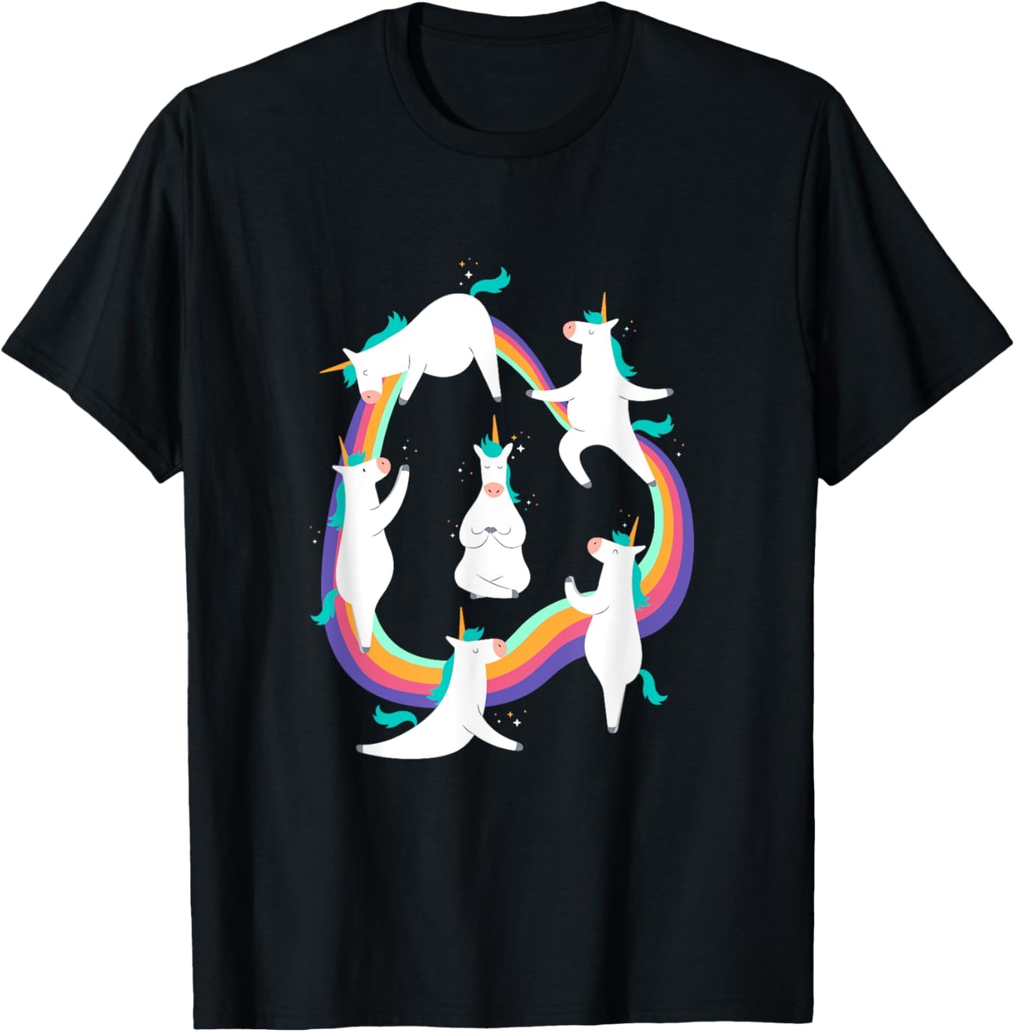 Unicorn Yoga Poses Colorful Cute and Funny Rainbow Yoga Pink T-Shirt - T-Shirt | Black