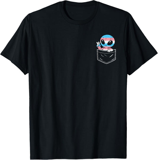 Cute Alien Trans Pride Pocket LGBTQ Rainbow Flag Transgender T-Shirt - T-Shirt | Black
