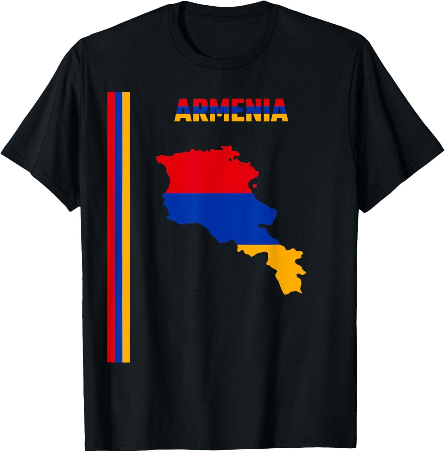 Vertical Armenian Flag, text “ARMENIA” & Silhouette map T-Shirt - T-Shirt | Black
