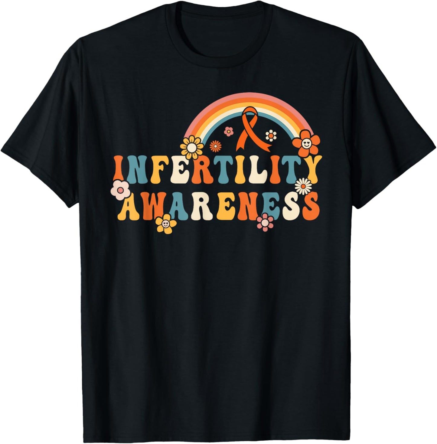 Groovy Infertility Awareness Orange Ribbon Rainbow Men Women T-Shirt - T-Shirt | Black