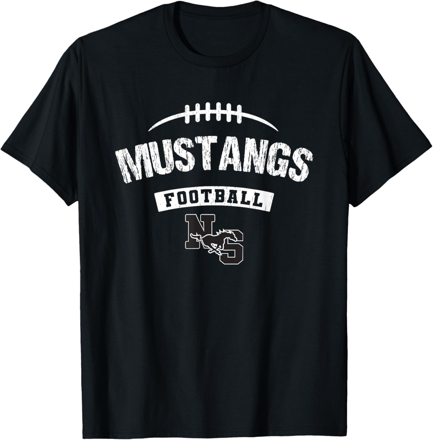 North Shore Mustangs Logo Football Distressed HS T-Shirt - T-Shirt | Black
