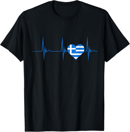 Greece Heartbeat EKG Pulse Greek Flag Heart Greek Pride T-Shirt - T-Shirt | Black