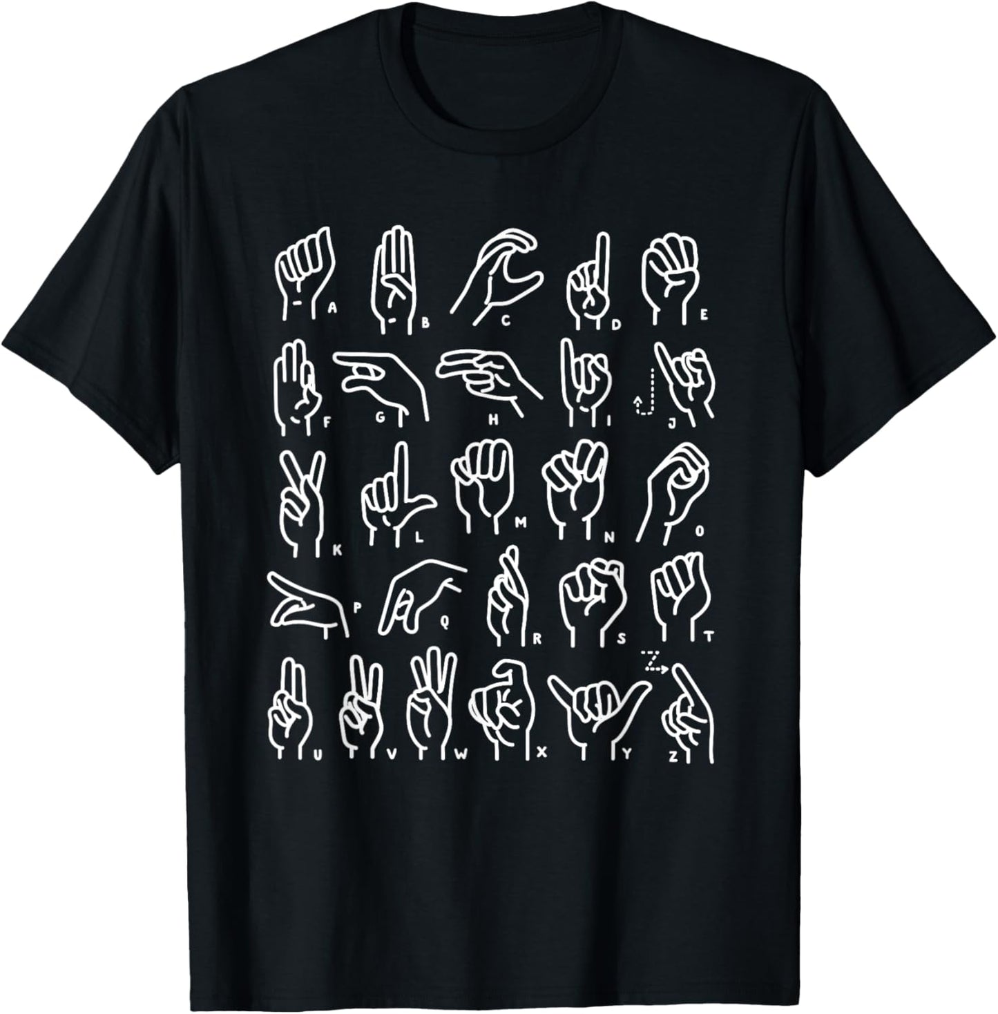 ASL Sign Language Apparel & ABC Sign Language Chart Teacher Hand Letter Alphabet ASL for Kids & Students, , Black, Small, Short Sleeve, Retro Style, Letter Print T-Shirt - T-Shirt | Black