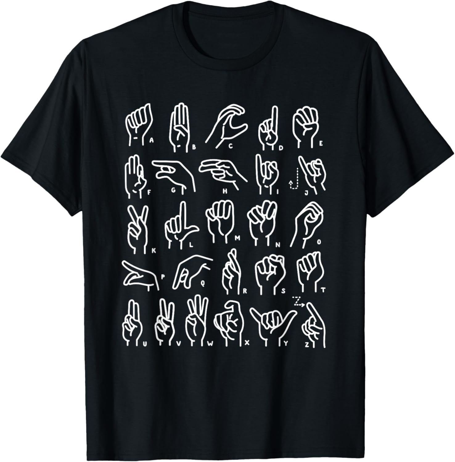 ASL Sign Language Apparel & ABC Sign Language Chart Teacher Hand Letter Alphabet ASL for Kids & Students, , Black, Small, Short Sleeve, Retro Style, Letter Print T-Shirt - T-Shirt | Black