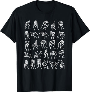 ASL Sign Language Apparel & ABC Sign Language Chart Teacher Hand Letter Alphabet ASL for Kids & Students, , Black, Small, Short Sleeve, Retro Style, Letter Print T-Shirt - T-Shirt | Black