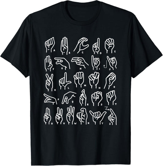 ASL Sign Language Apparel & ABC Sign Language Chart Teacher Hand Letter Alphabet ASL for Kids & Students, , Black, Small, Short Sleeve, Retro Style, Letter Print T-Shirt - T-Shirt | Black