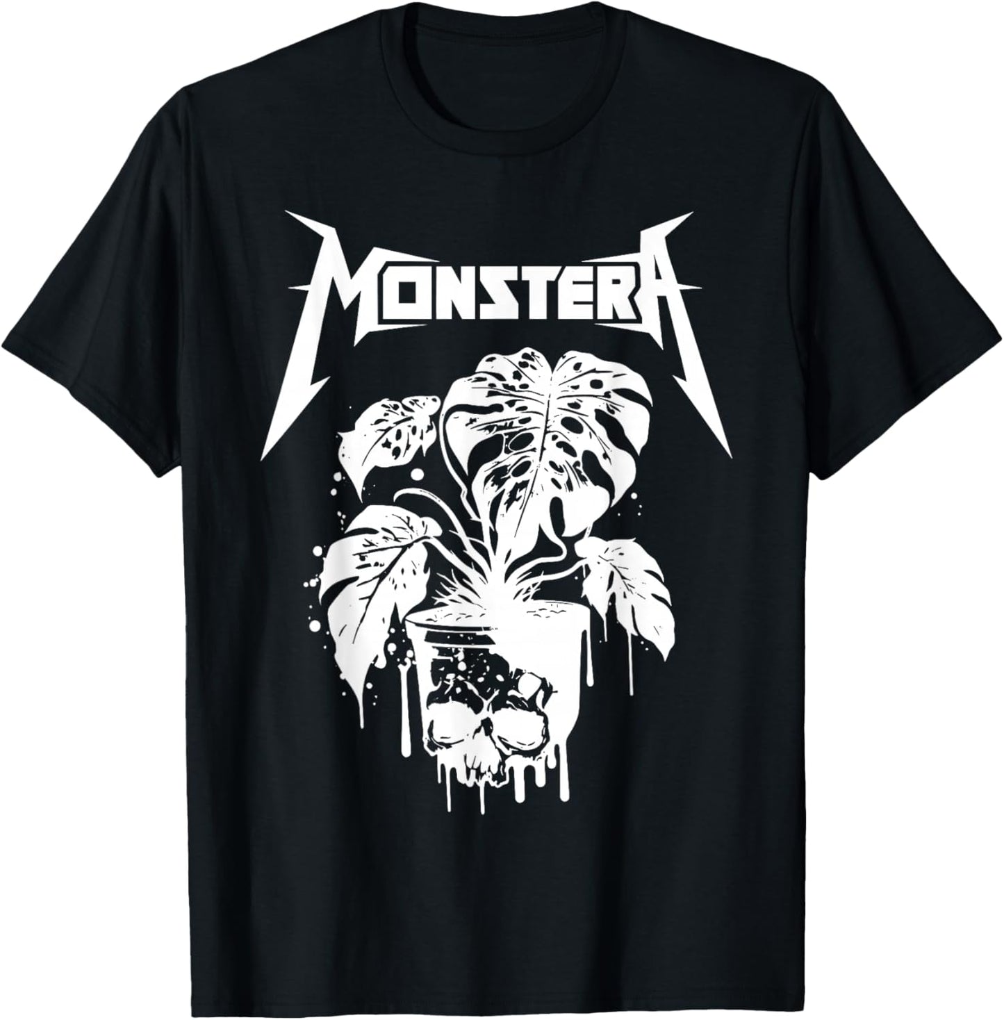 Monstera Funny Skull Plant Lover Grunge Gardener Metal Skull T-Shirt - T-Shirt | Black