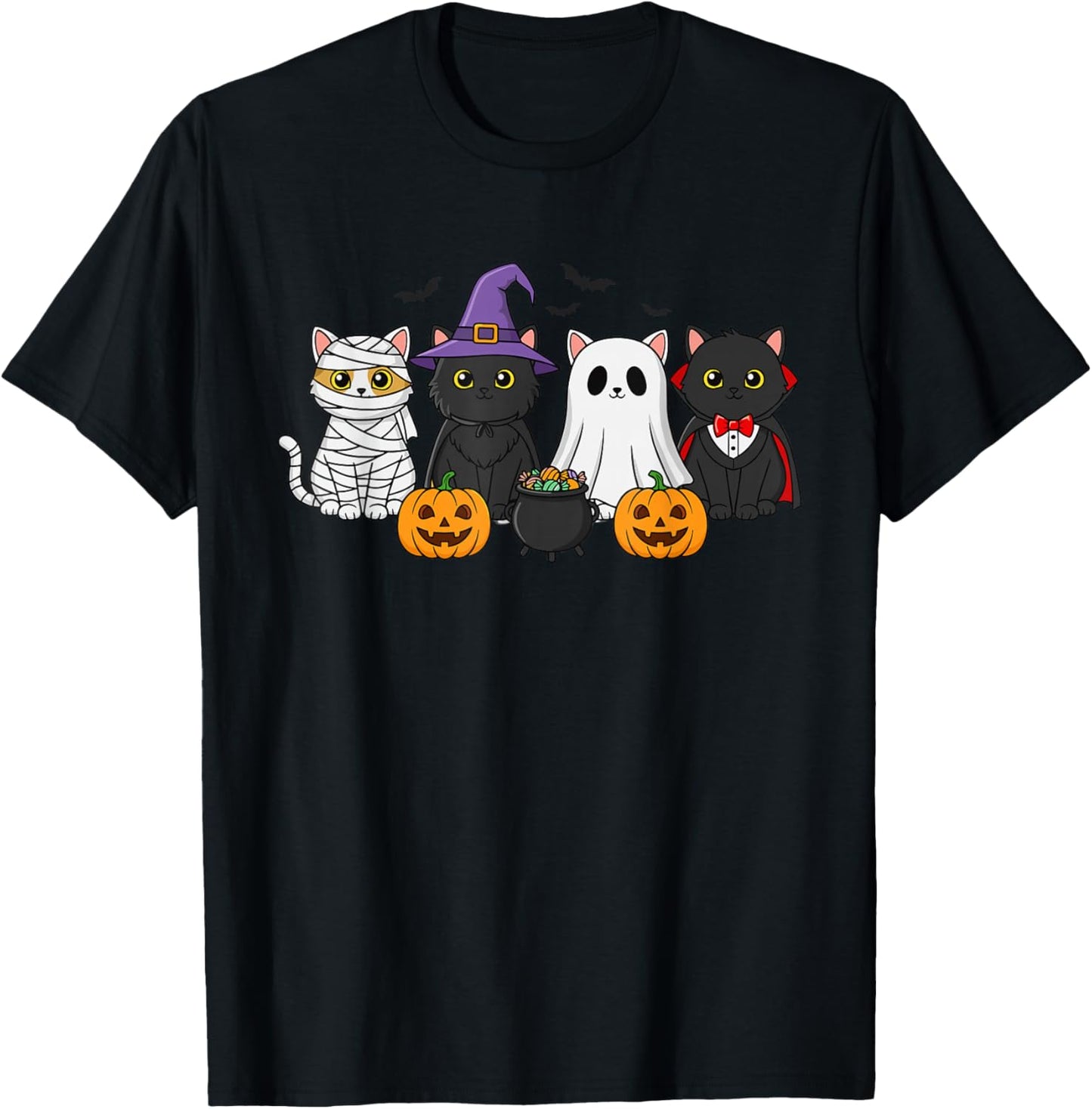 Mummy Witch Ghost Vampire Costume Group of Cats Halloween T-Shirt - T-Shirt | Black