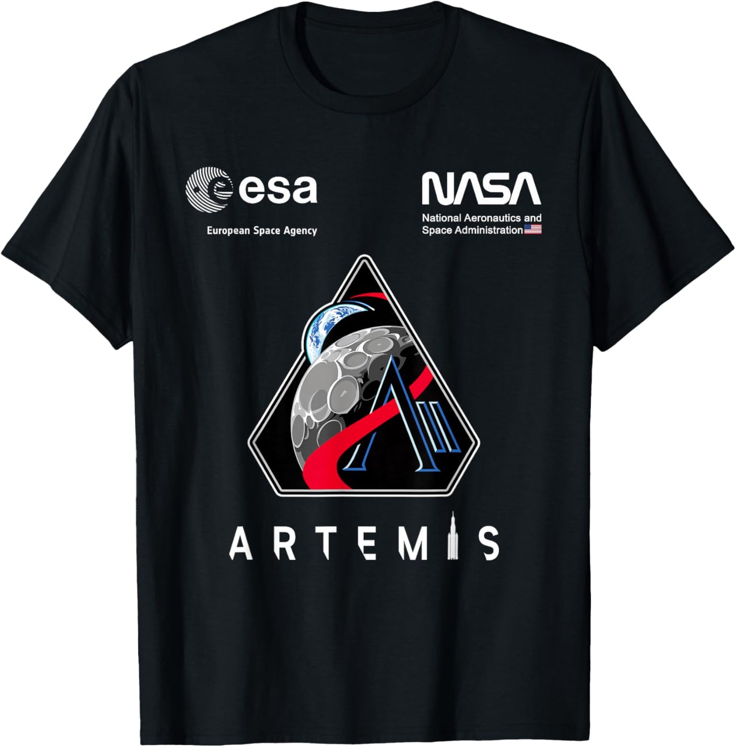 NASA Artemis II Mission Patch Worm and ESA Logo T-Shirt - T-Shirt | Black