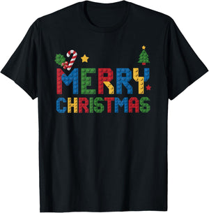 Merry Christmas Master Builder Kids Building Blocks Bricks T-Shirt - T-Shirt | Black