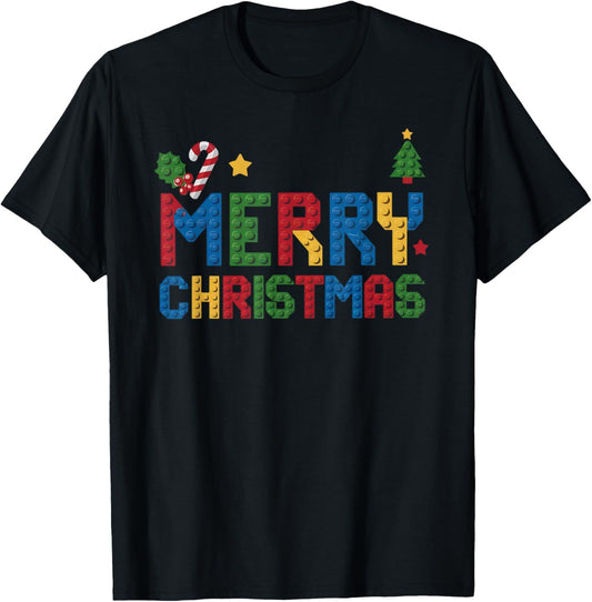 Merry Christmas Master Builder Kids Building Blocks Bricks T-Shirt - T-Shirt | Black