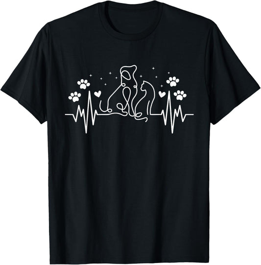 Line Art Veterinary Heartbeat Dog and Cat Lovers Vet Tech T-Shirt - T-Shirt | Black