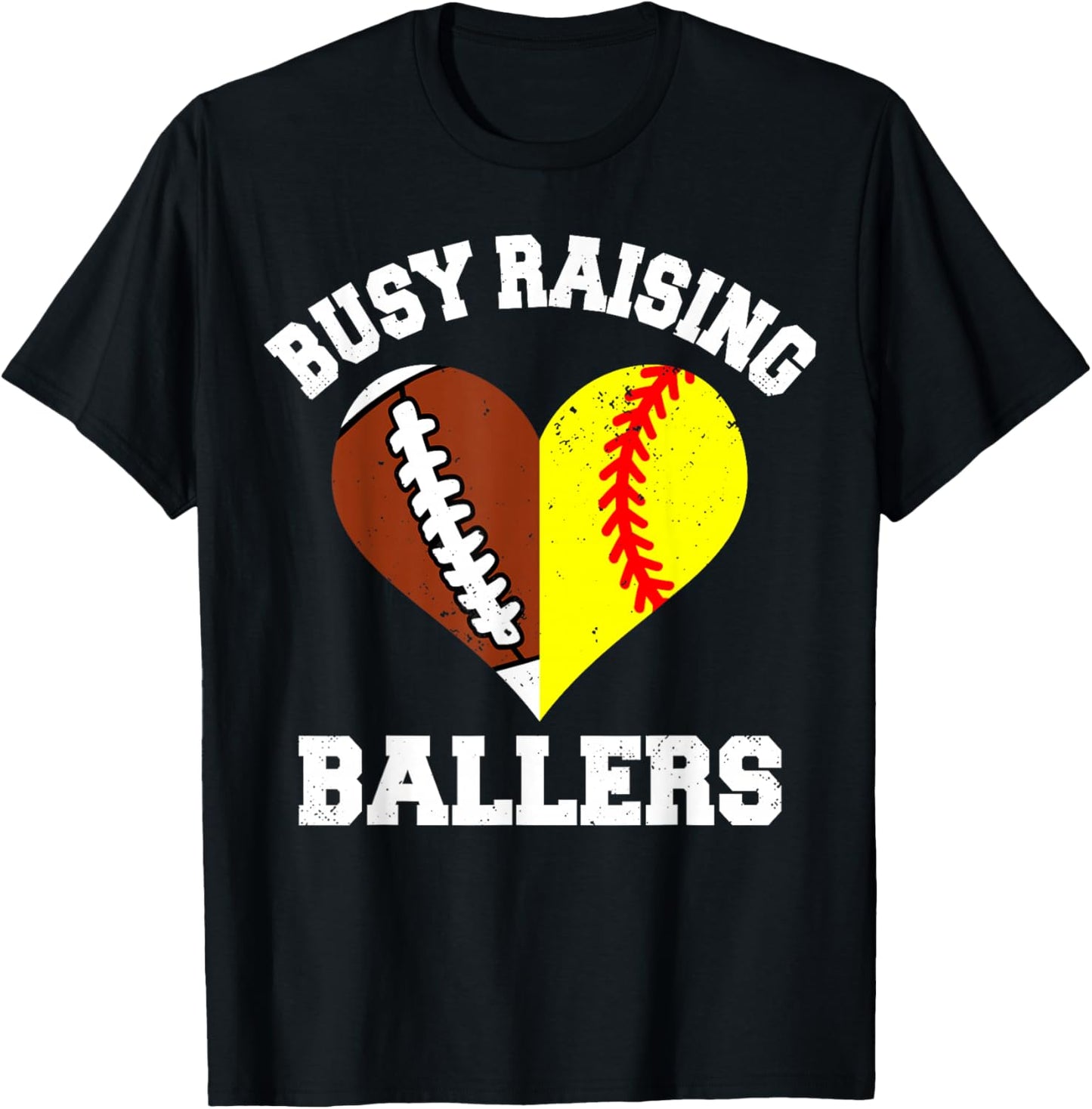 Busy Raising Ballers Football Softball Heart Mom Game Day T-Shirt - T-Shirt | Black