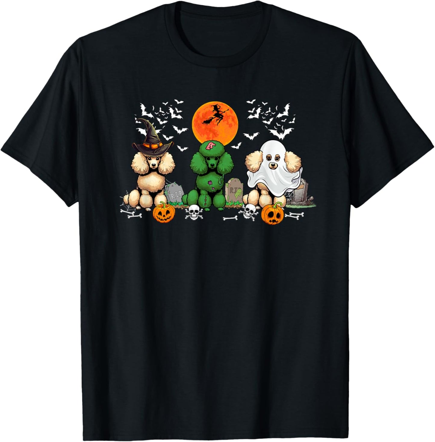 Three Halloween Poodles Cosplay Witch Zombie Boo Lover T-Shirt - T-Shirt | Black