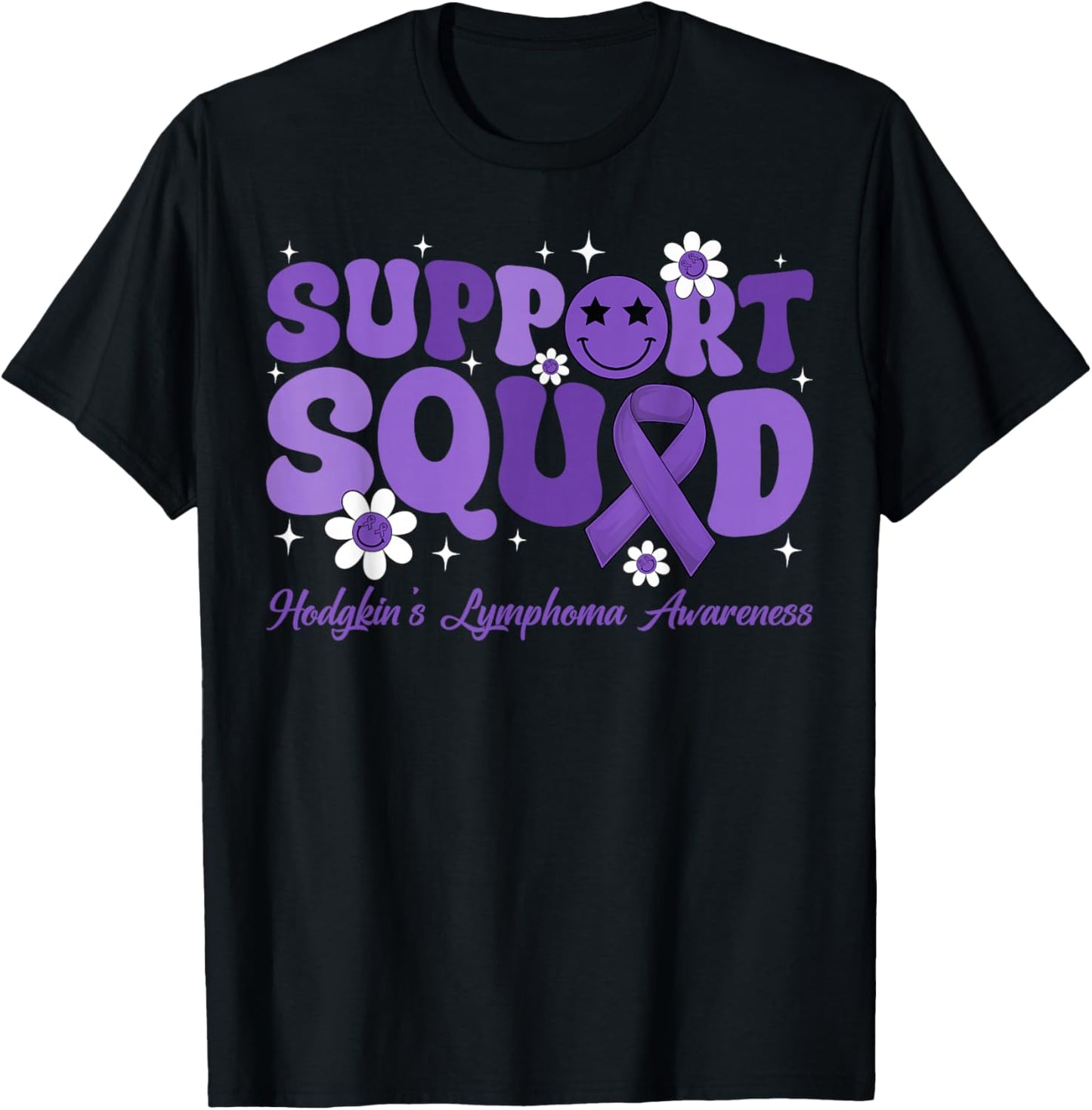 Retro Groovy Support Squad Hodgkins Lymphoma Lavender Ribbon T-Shirt - T-Shirt | Black
