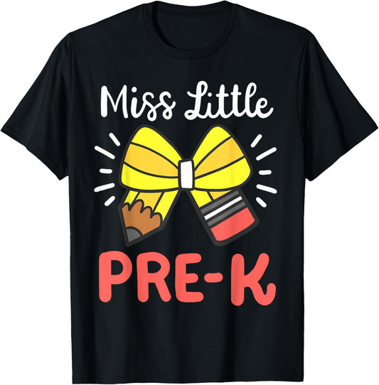 Little Miss Pre K Pencil Bow Back To School Girls Toddlers T-Shirt - T-Shirt | Black