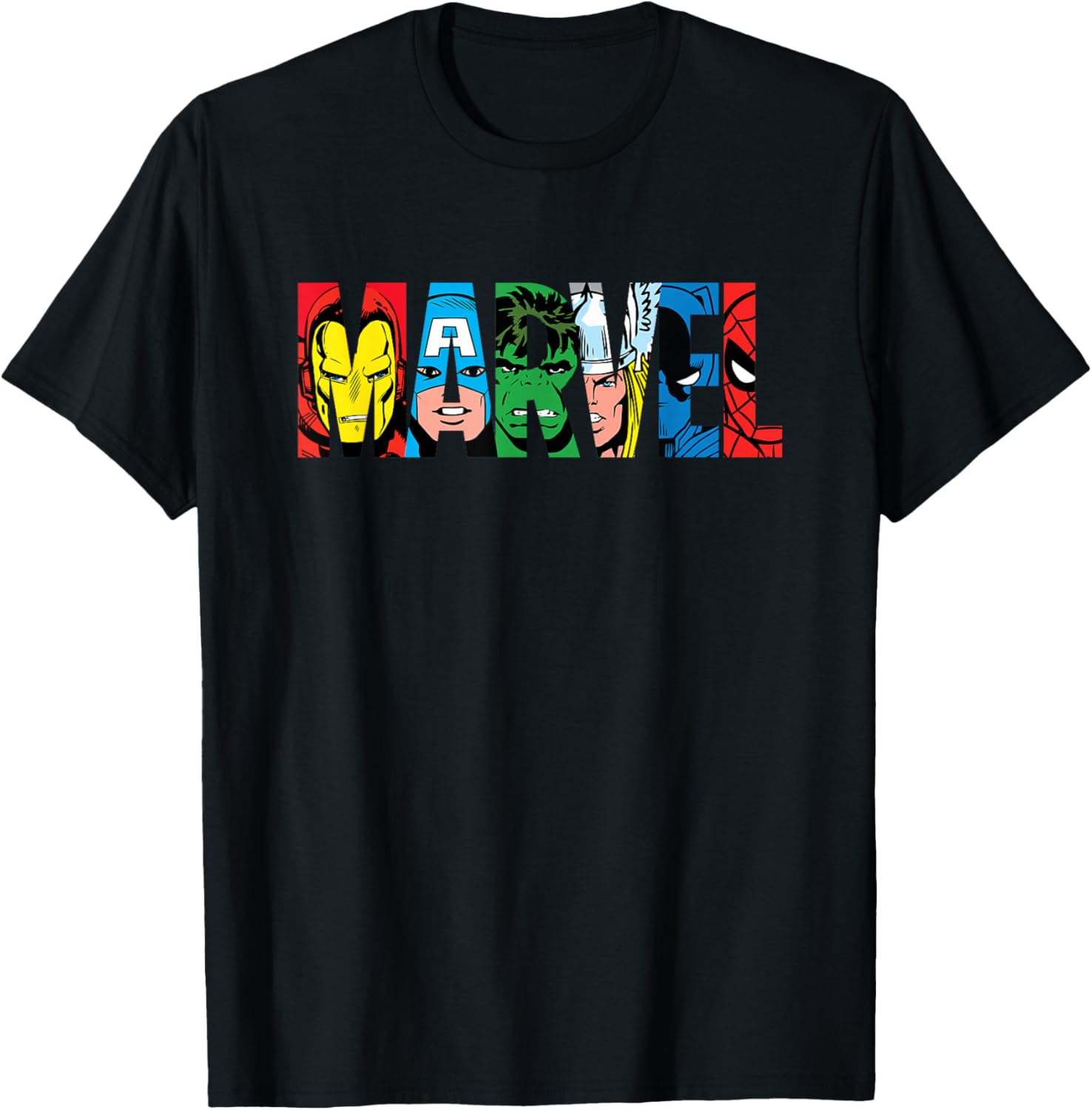 Marvel Logo Classic Avengers & Spider-Man Retro Comic Art T-Shirt - T-Shirt | Black