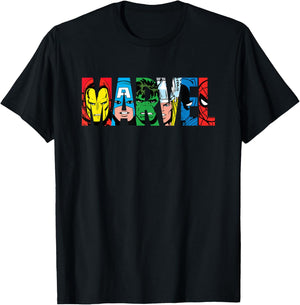 Marvel Logo Classic Avengers & Spider-Man Retro Comic Art T-Shirt - T-Shirt | Black