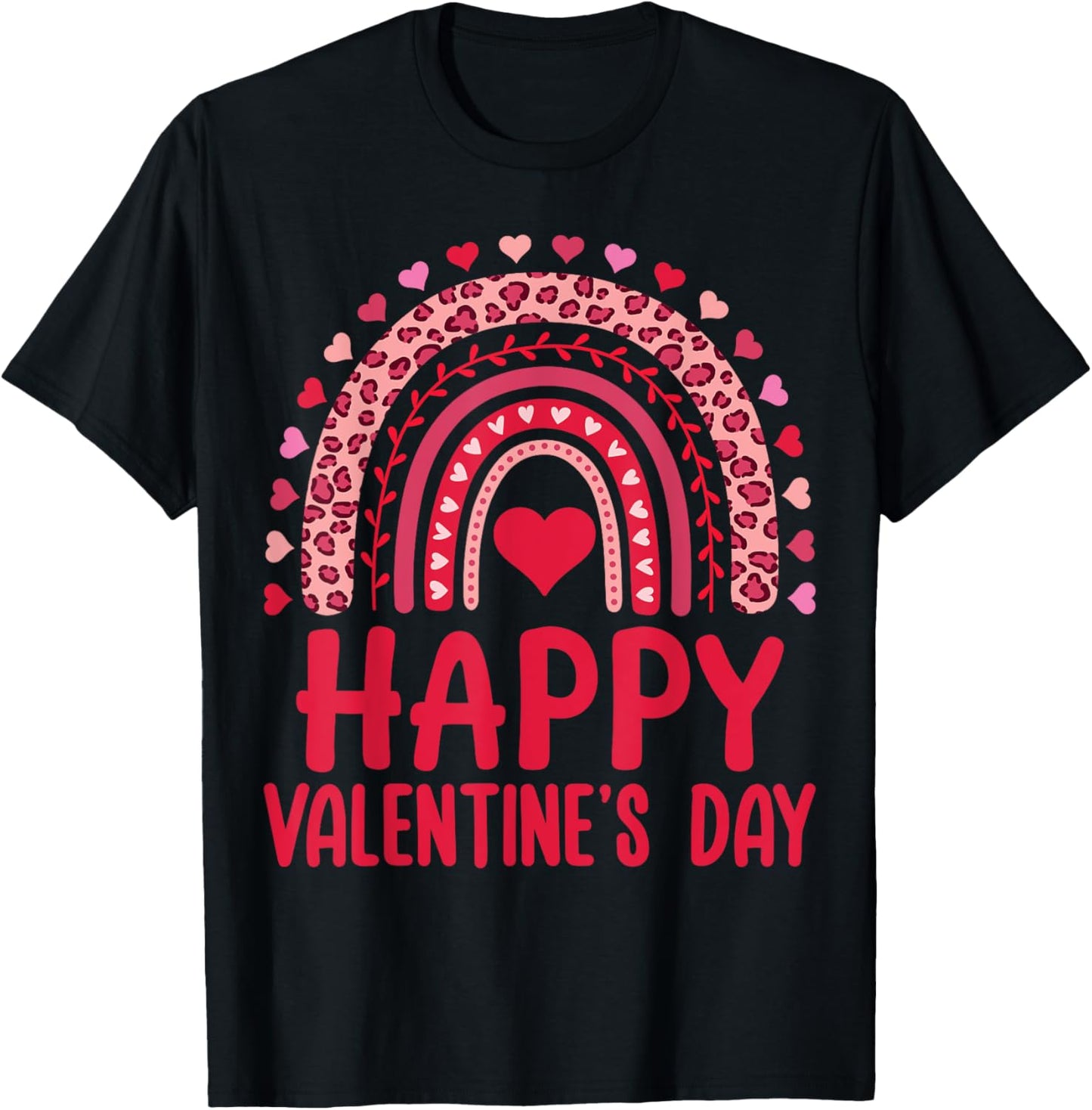 Happy Valentines Day Red Hearts Rainbow Leopard Women Girls T-Shirt - T-Shirt | Black