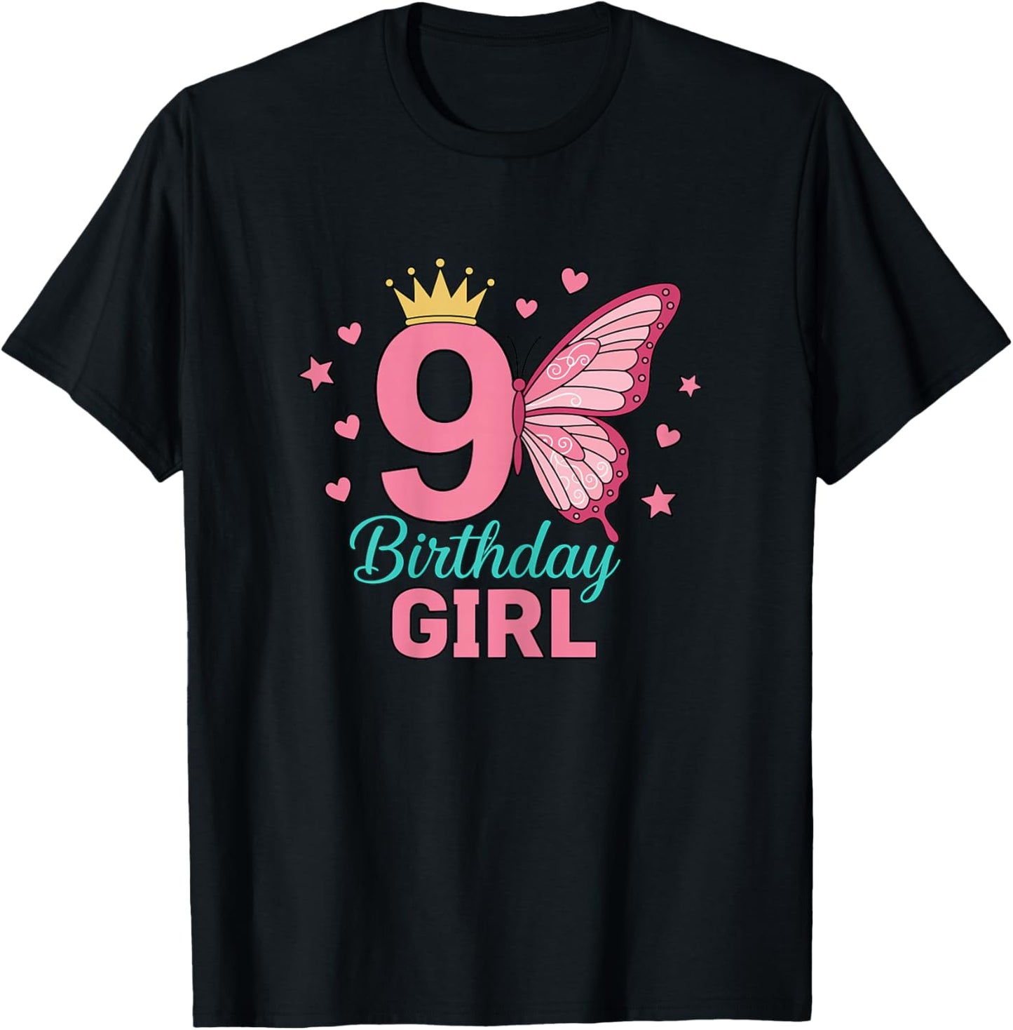 9 Year Old Princess 9th Birthday Girl Butterfly T-Shirt - T-Shirt | Black
