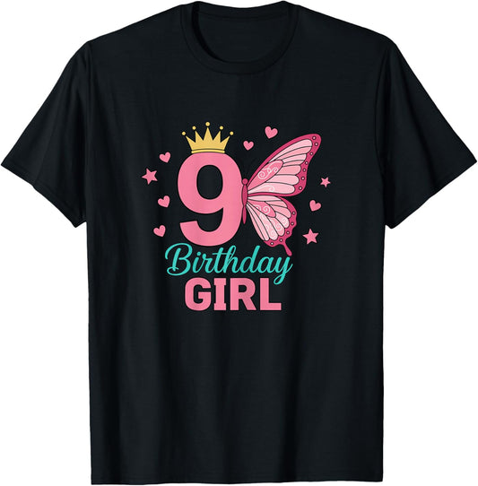 9 Year Old Princess 9th Birthday Girl Butterfly T-Shirt - T-Shirt | Black