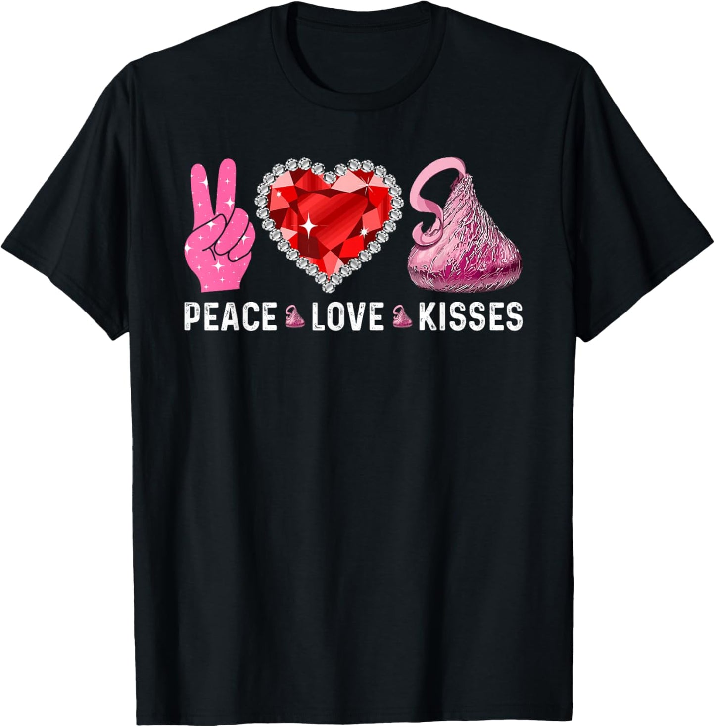 Valentines Day Peace Love Heart Chocolate Kisses Graphic T-Shirt - T-Shirt | Black