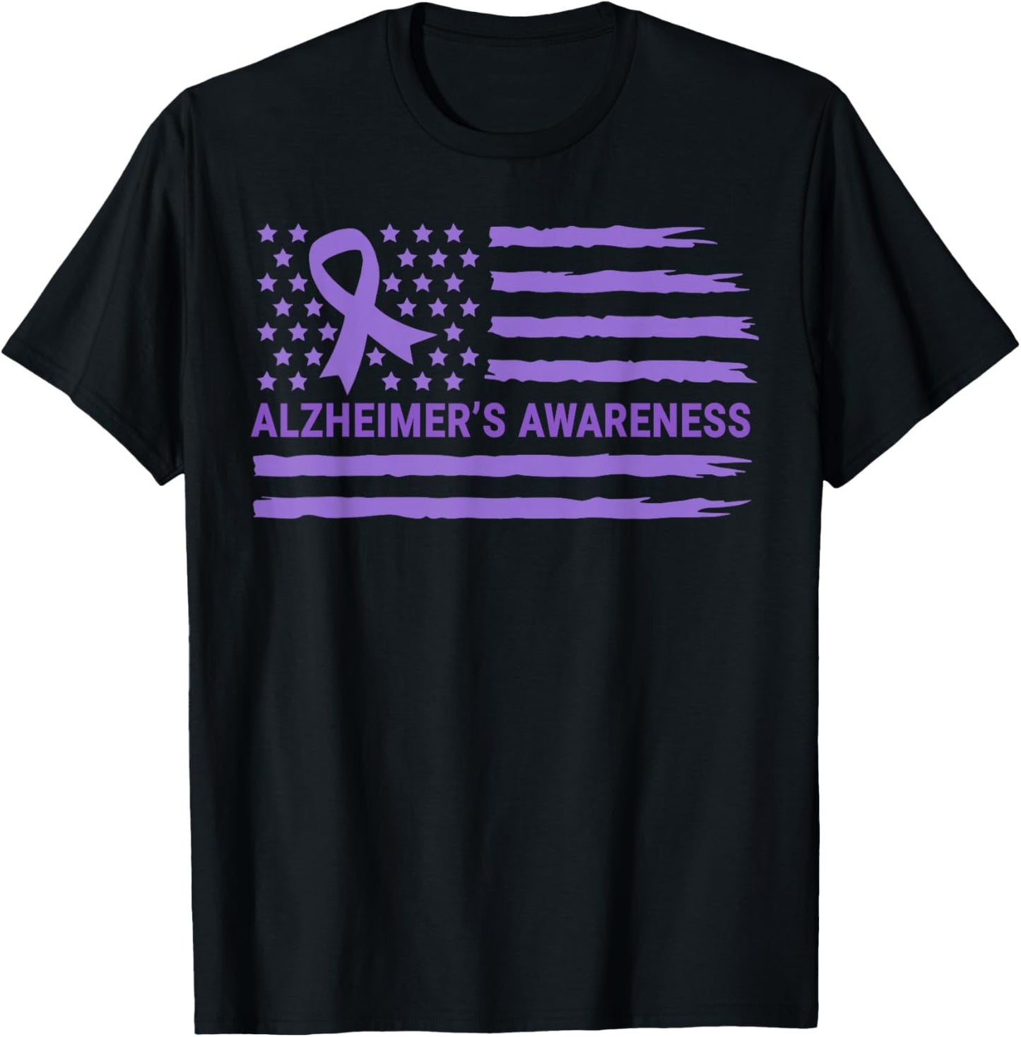 Alzheimer's Awareness Purple Ribbon American Flag Dementia T-Shirt - T-Shirt | Black