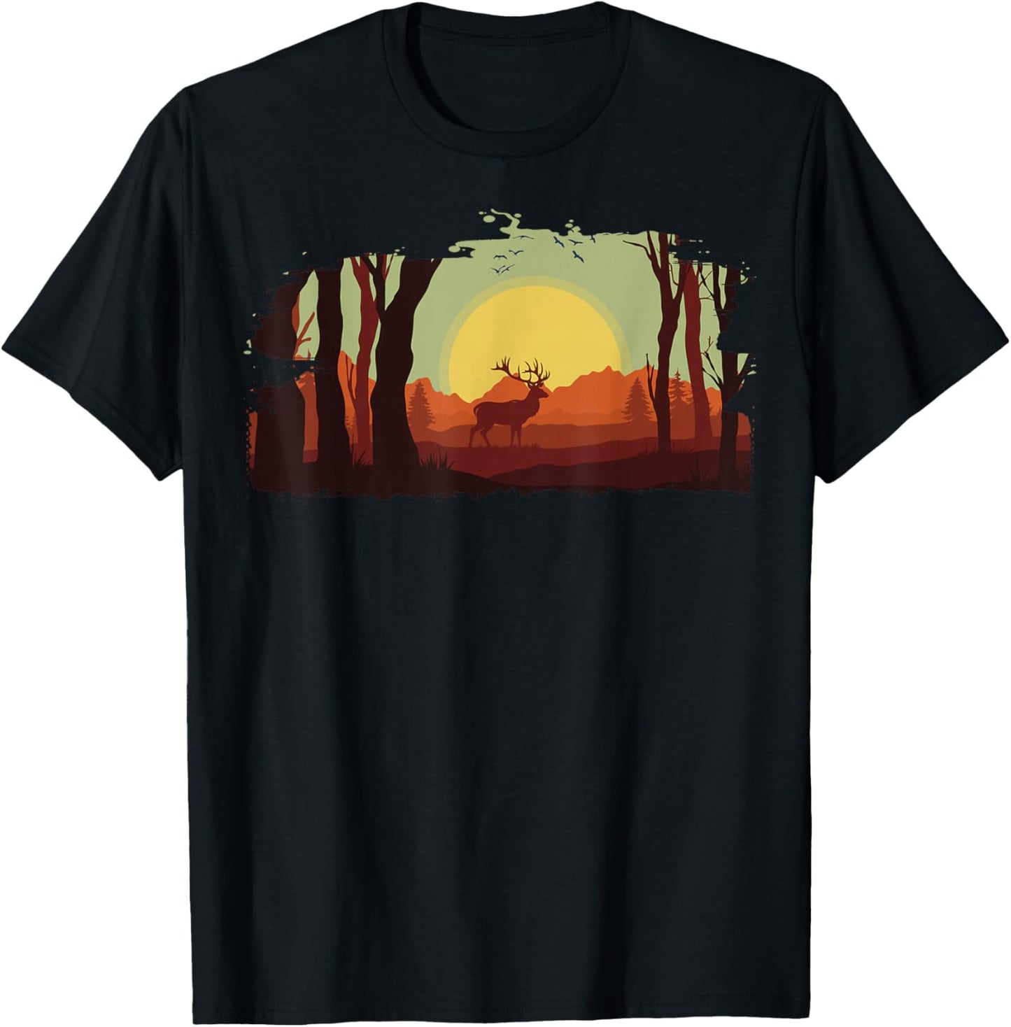 Timeless Mountain, Nature Trees and Forest with Deer T-Shirt - T-Shirt | Black