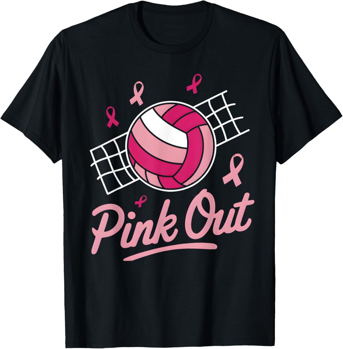Volleyball Pink Out Breast Cancer Awareness Pink Ribbon T-Shirt - T-Shirt | Black