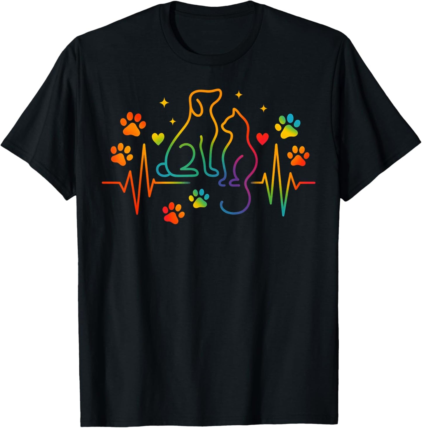 Veterinary Heartbeat Cat and Dog Lover Animal Silhouette T-Shirt - T-Shirt | Black