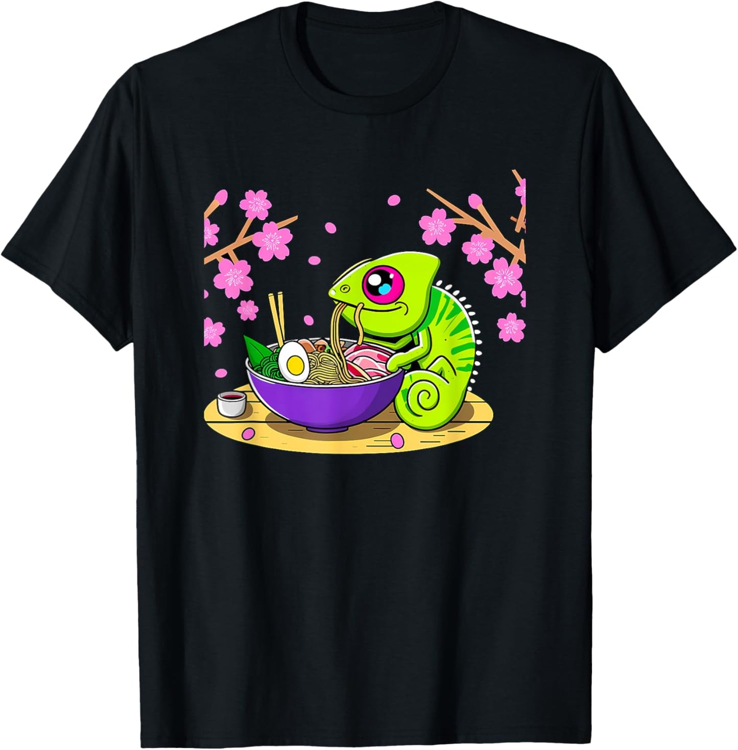 Kawaii Chameleon Eating Ramen T-Shirt - T-Shirt | Black