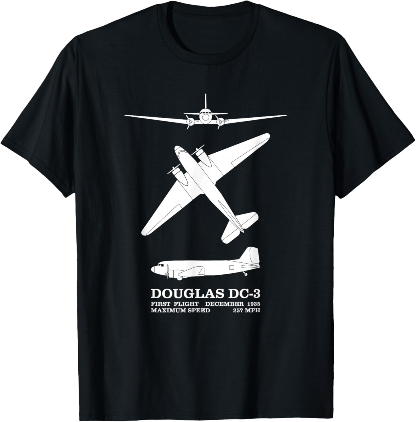 Douglas DC-3 WW2 Airliner Silhouettes Infographic T-Shirt - T-Shirt | Black