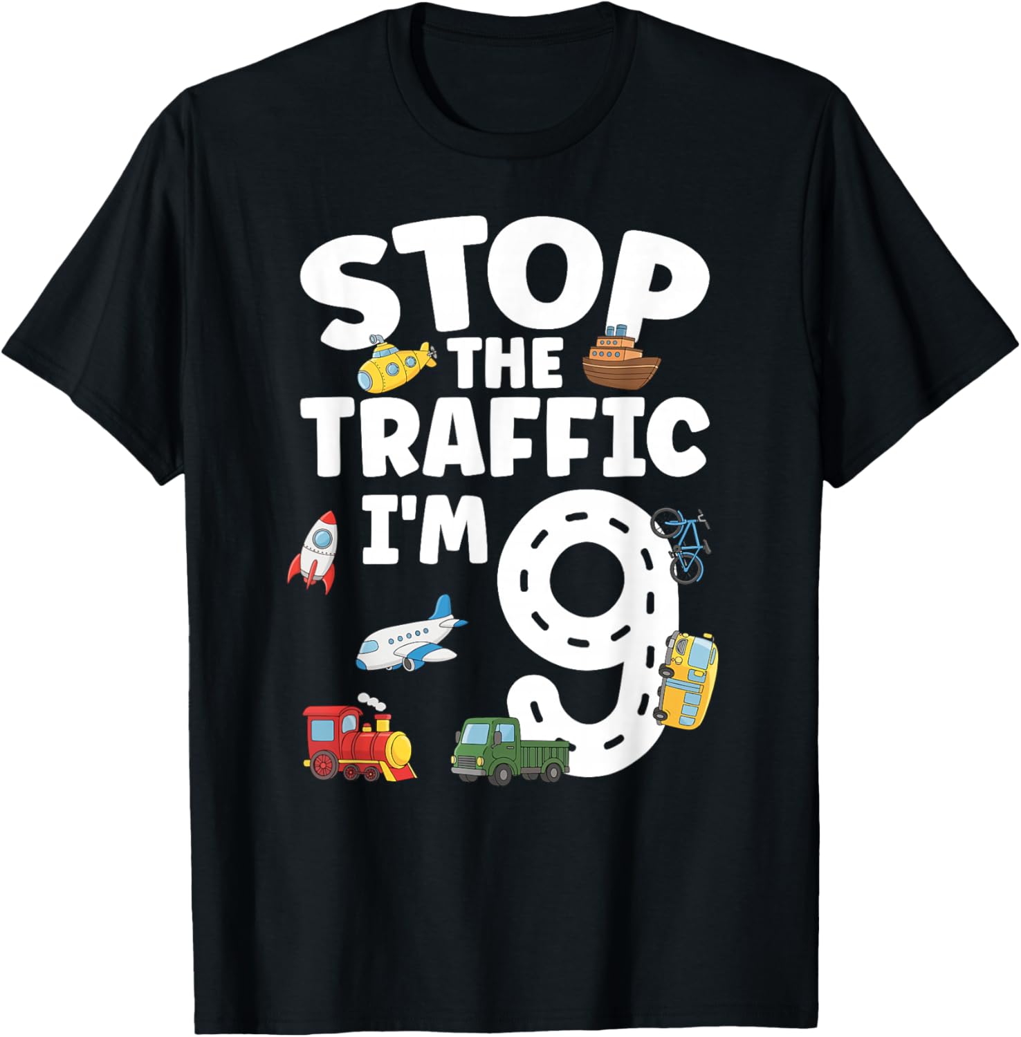 9th Transportation Birthday 9 Year Old Vehicle Birthday T-Shirt - T-Shirt | Black