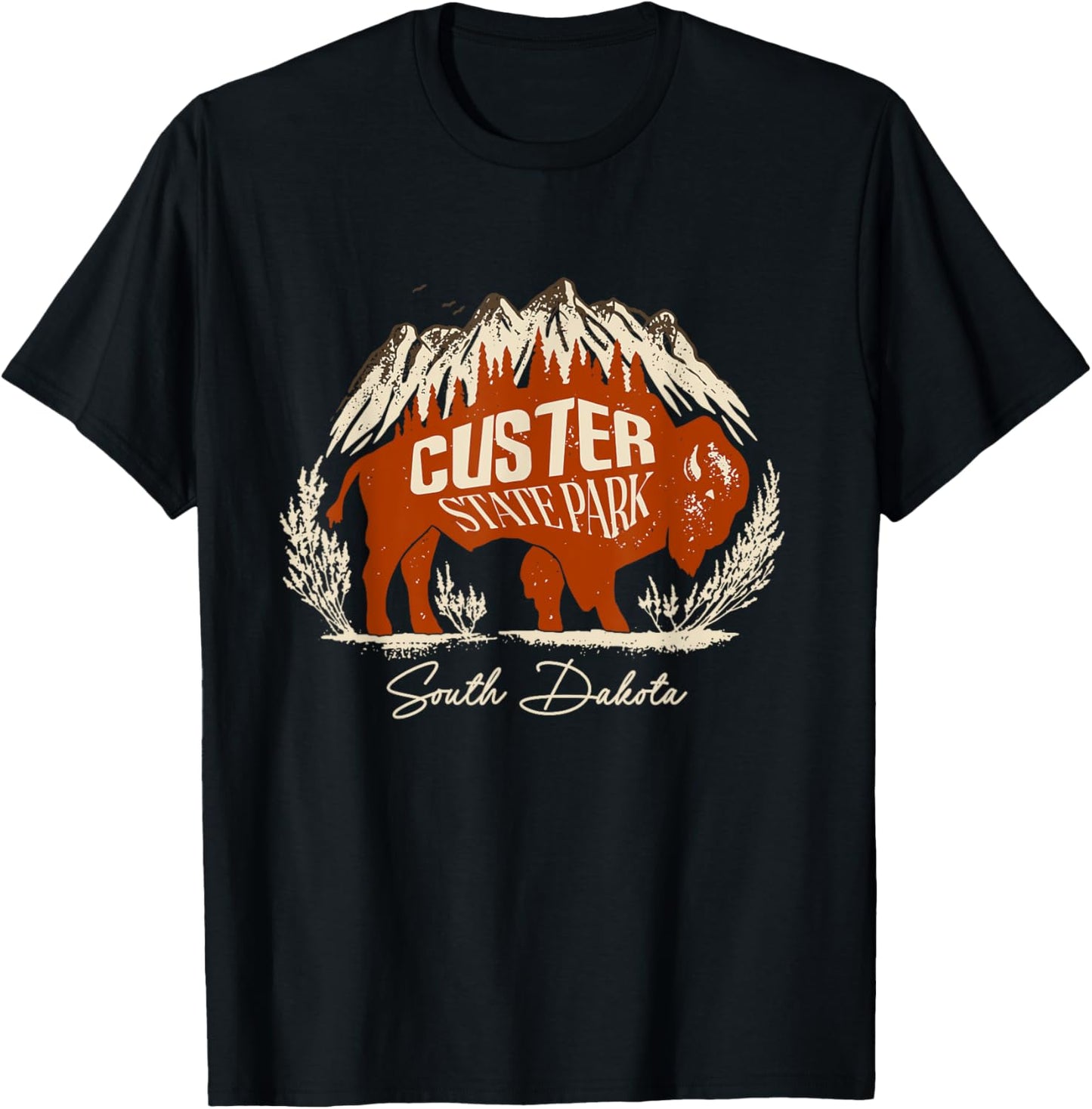 Bison And Mountains Custer State Park South Dakota Vintage T-Shirt - T-Shirt | Black