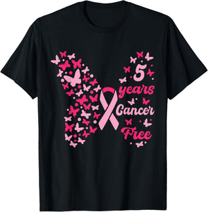 5 Year Cancer Free Breast Cancer Awareness Butterfly Women T-Shirt - T-Shirt | Black