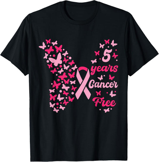 5 Year Cancer Free Breast Cancer Awareness Butterfly Women T-Shirt - T-Shirt | Black