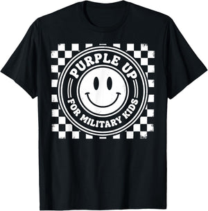 Checkered Purple Up for Military Kids Smile Face Boys Girls T-Shirt - T-Shirt | Black