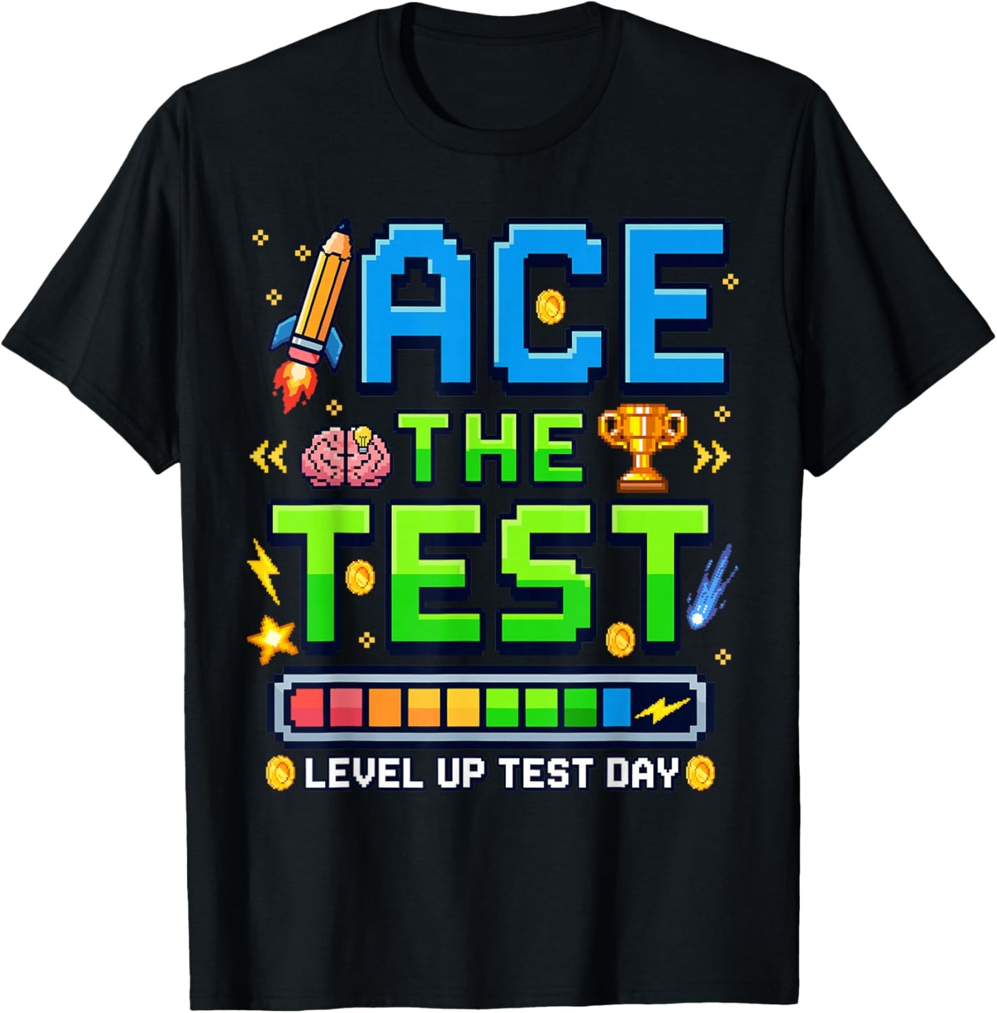 Ace The Test Level Up Test Day Pixel Gamer Style Motivation T-Shirt - T-Shirt | Black