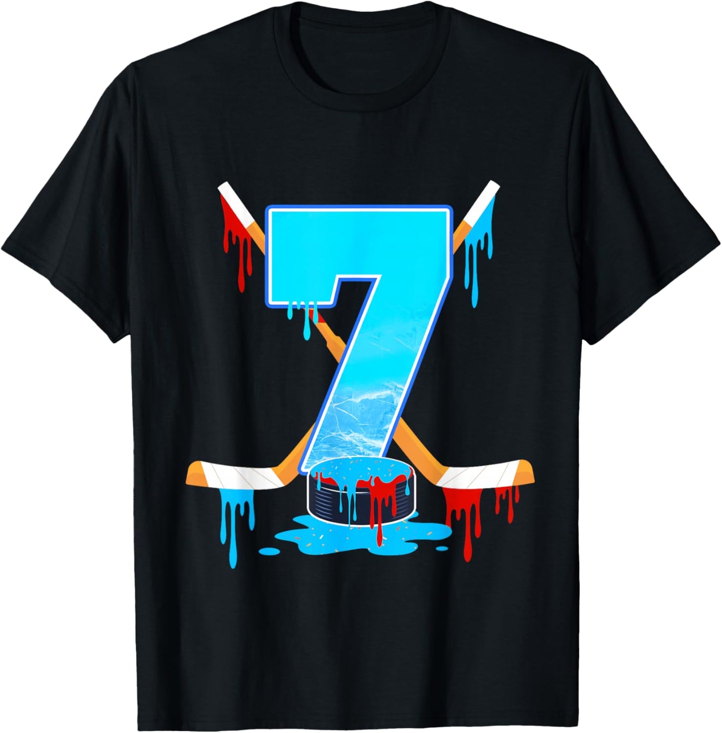 7 Year Old Boys 7th Birthday Ice Hockey Ice Cream Drip T-Shirt - T-Shirt | Black